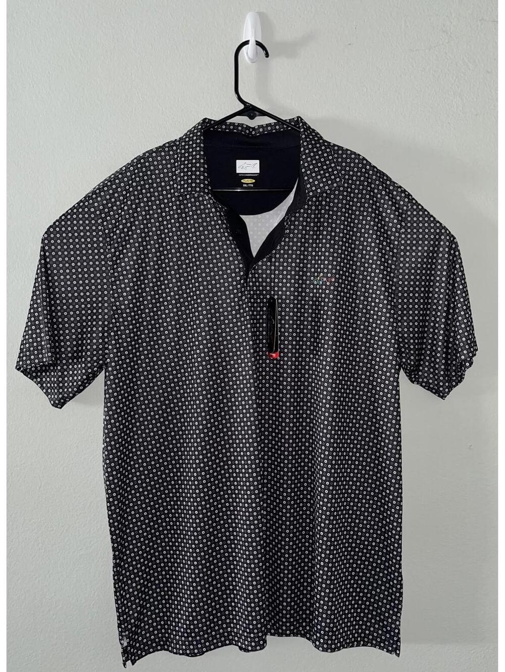 NWT Greg Norman Golf Polo Size XXL Shark Print Black Polka Dot Moisture Wicking